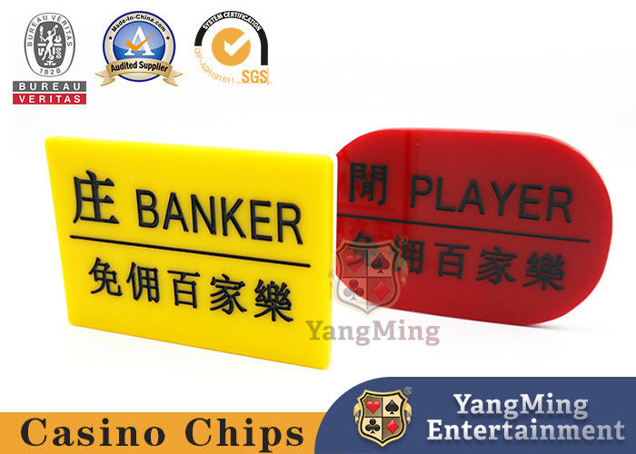 Calidad Nuevo Baccarat Casino Poker Tarjeta de apuestas Rojo Amarillo Jugador Acrílico Y Diseño del Banquero fábrica
