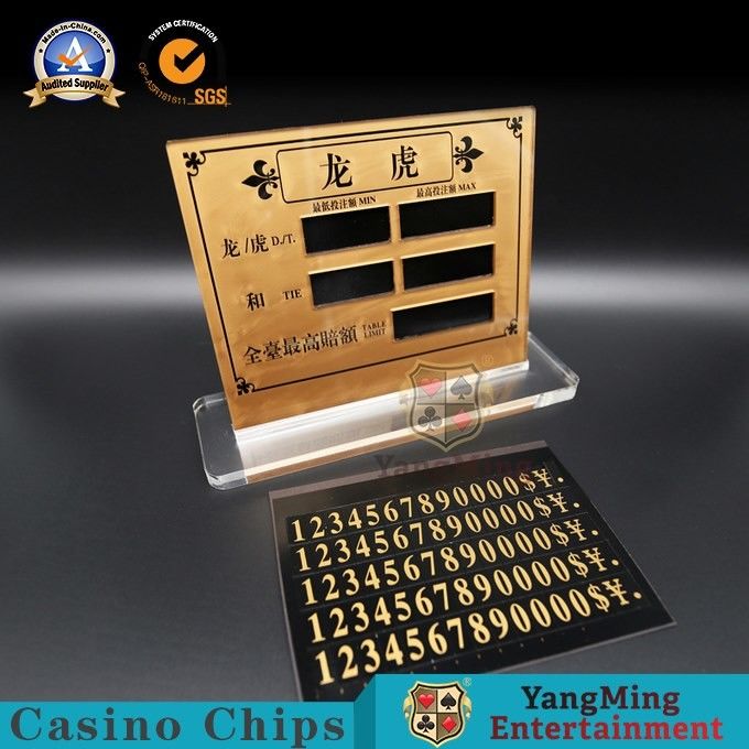 Kualitas Golden Transparent Acrylic Dragon Tiger Chinese And English Limited Red Card Entertainment Poker Table Digital Sign pabrik